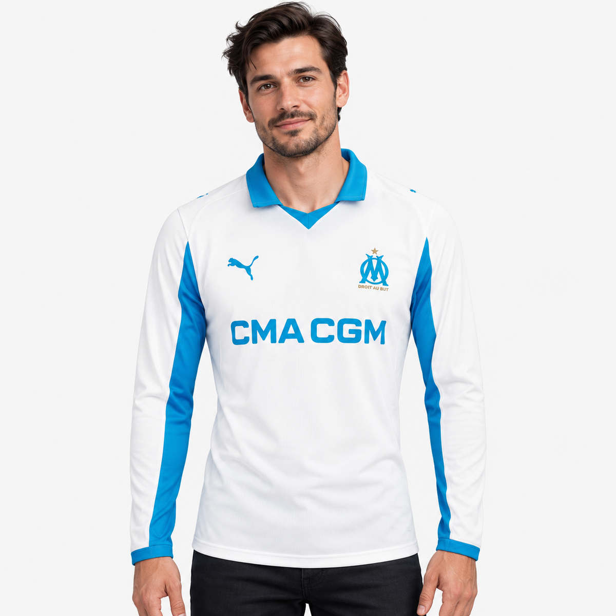 Olympique Marseille Camisola Principal - 25/26 - Manga Comprida - modelo editorial 90 Minutos