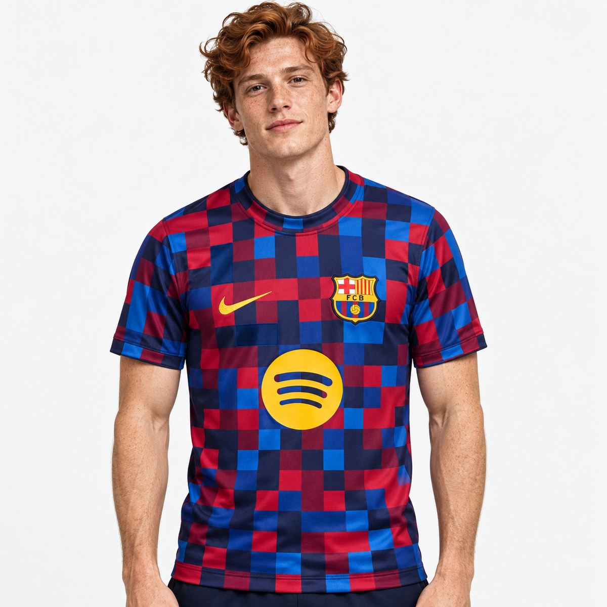 FC Barcelona Camisola Pré-Jogo - 26/27 — hero editorial com modelo IA