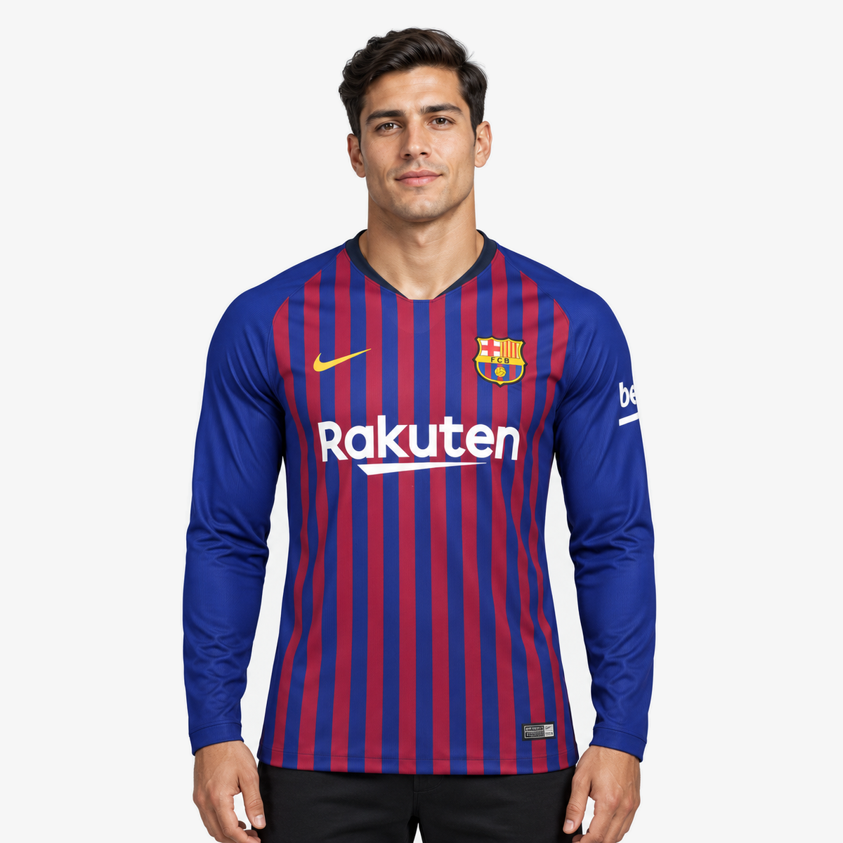 FC Barcelona Camisola Principal - 17/18 - Manga Comprida — hero editorial com modelo IA