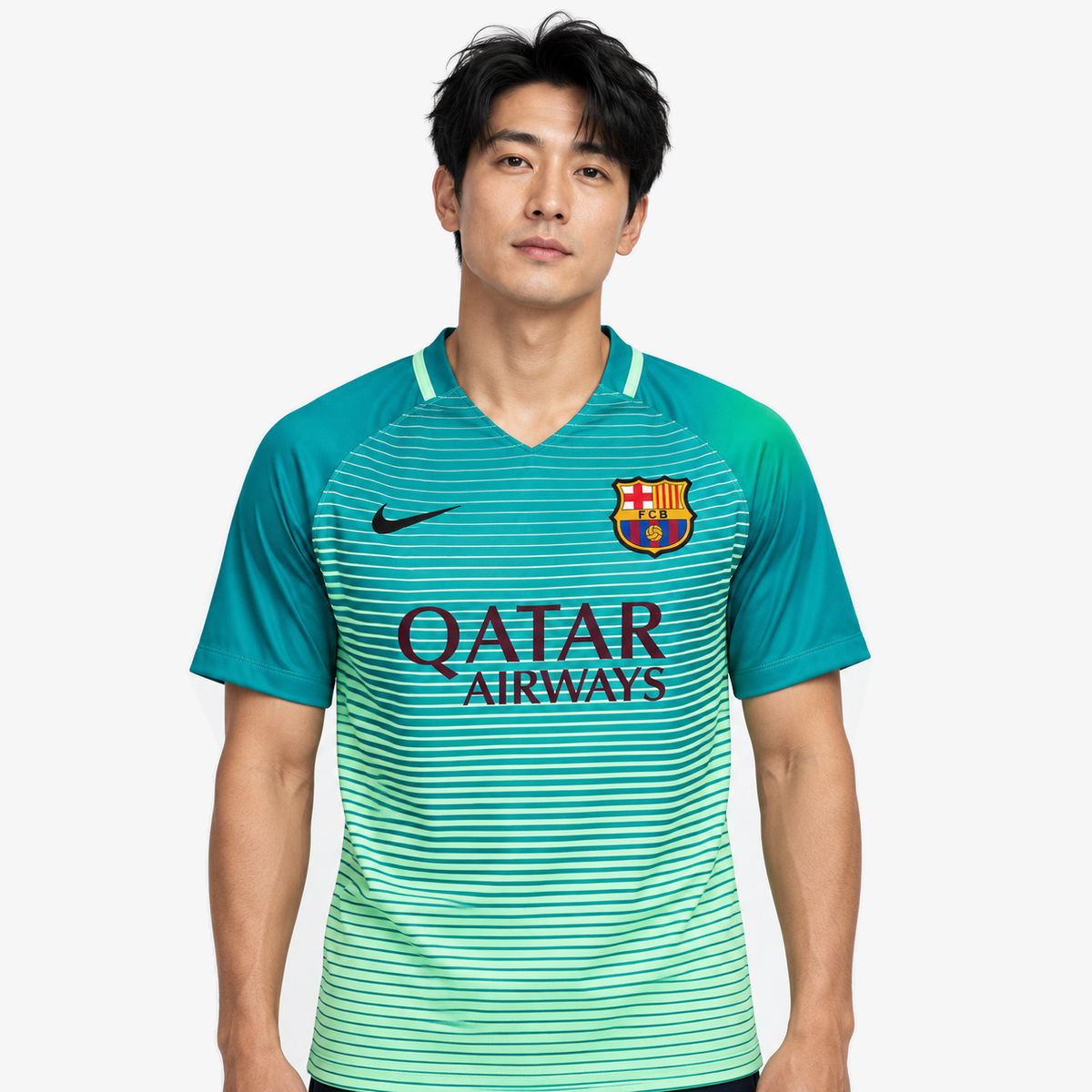 FC Barcelona Camisola Terceira - 16/17 — hero editorial com modelo IA
