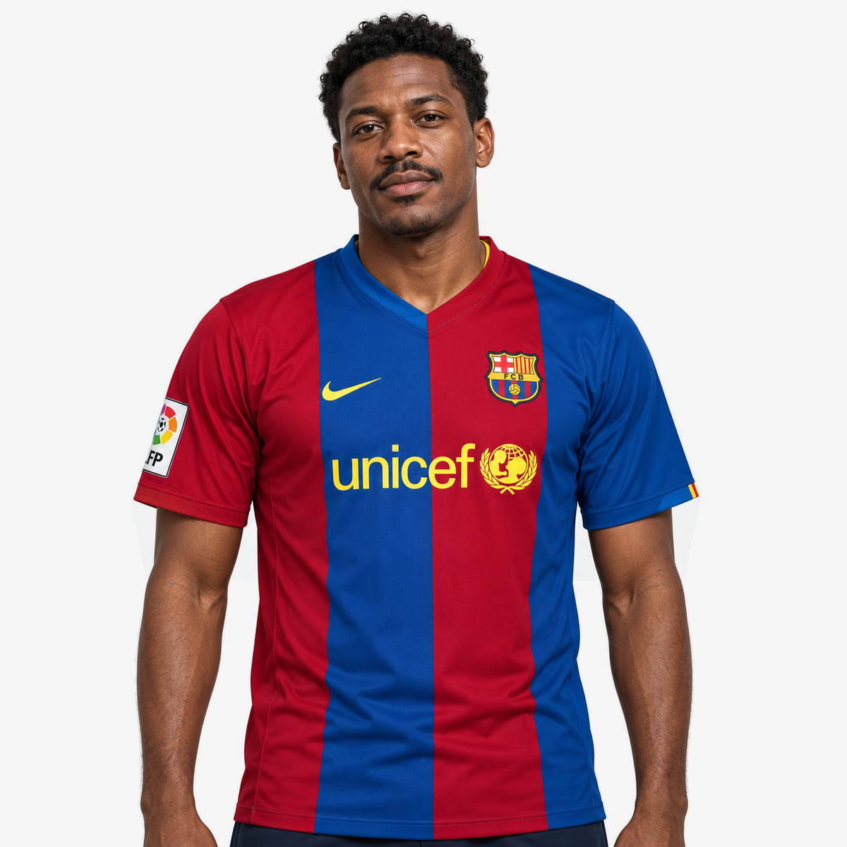 FC Barcelona Camisola Principal - 06/07 — hero editorial com modelo IA