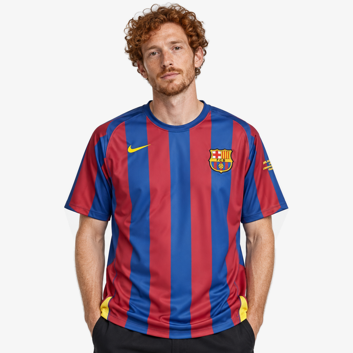 FC Barcelona Camisola Principal - 05/06 — hero editorial com modelo IA