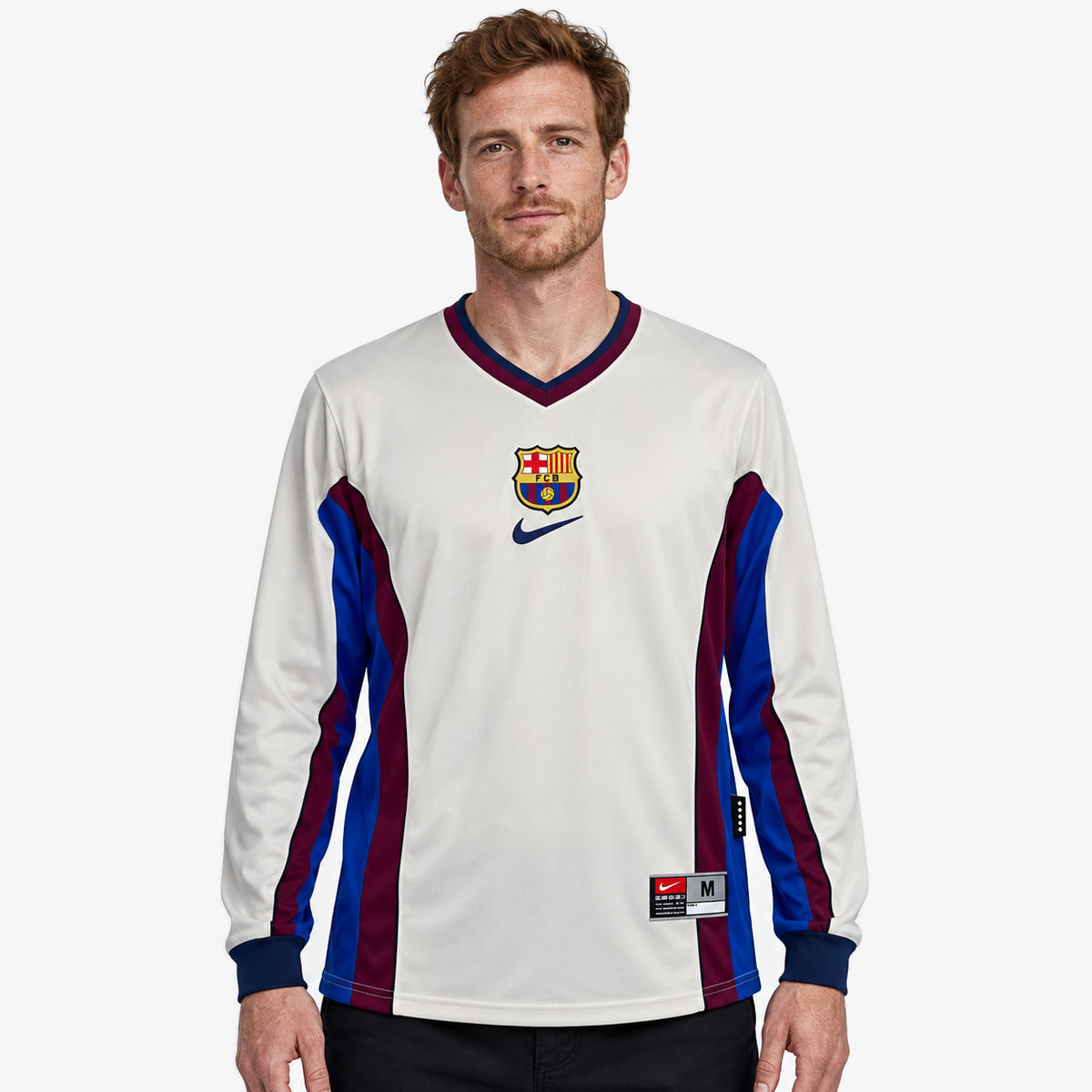 FC Barcelona Camisola Secundária - 98/99 - Manga Comprida — hero editorial com modelo IA