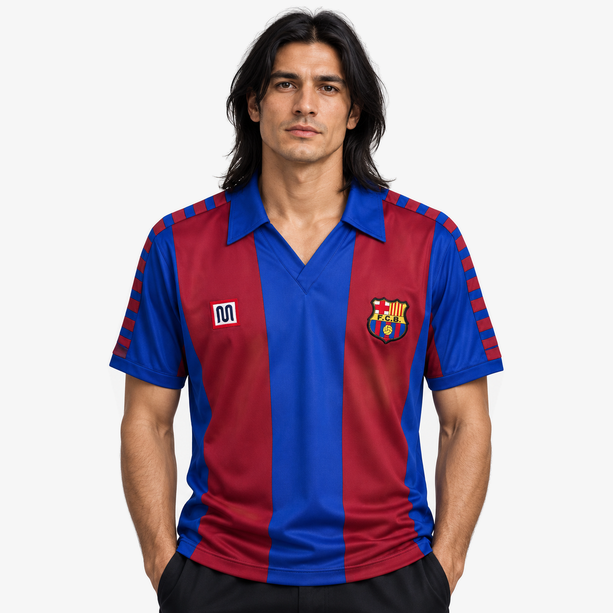 FC Barcelona Camisola Principal - 82/83 — hero editorial com modelo IA