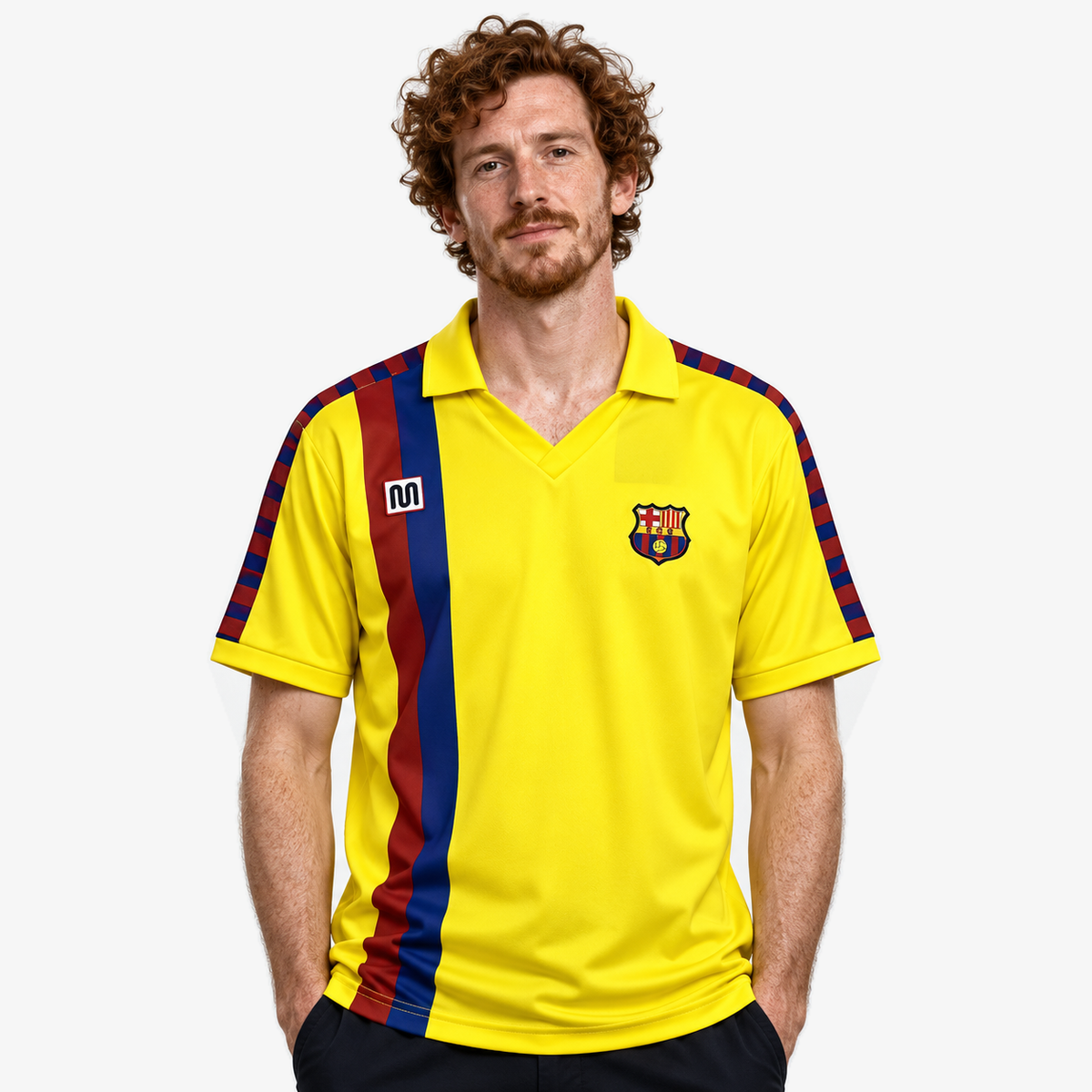 FC Barcelona Camisola Secundária - 82/83 — hero editorial com modelo IA