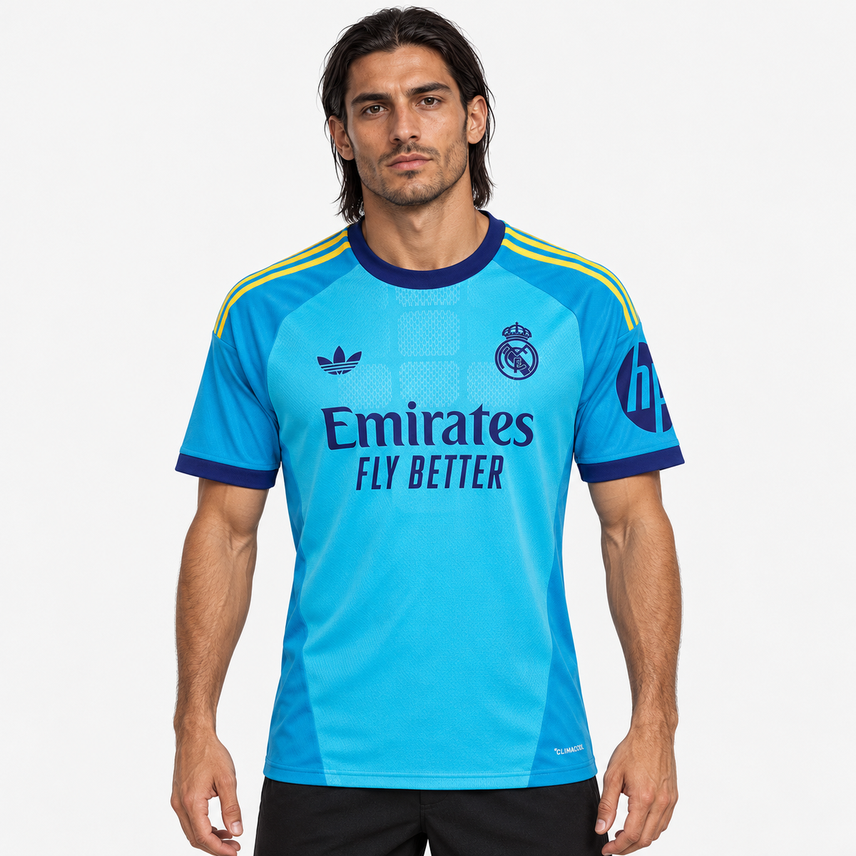 Real Madrid Camisola Guarda-Redes Azul - 26/27 — hero editorial com modelo IA