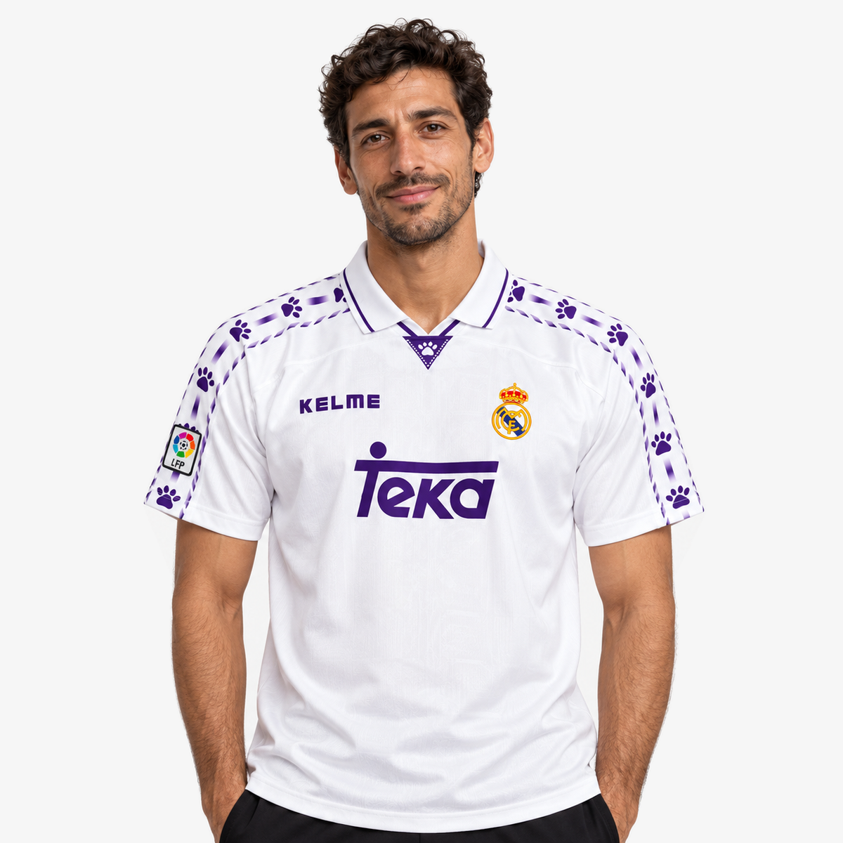 Real Madrid Camisola Principal - 96/97 — hero editorial com modelo IA