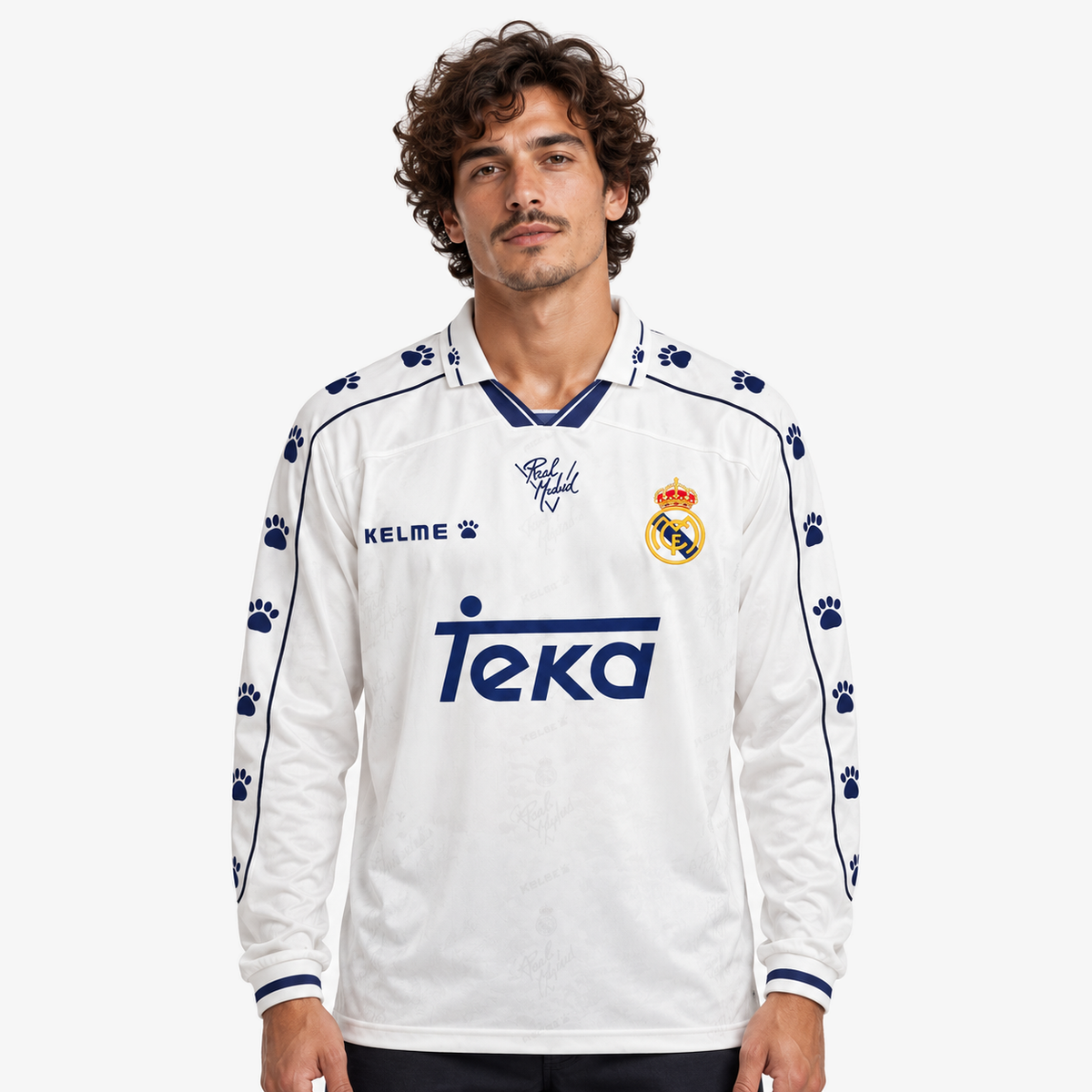 Real Madrid Camisola Principal - 94/95 - Manga Comprida — hero editorial com modelo IA