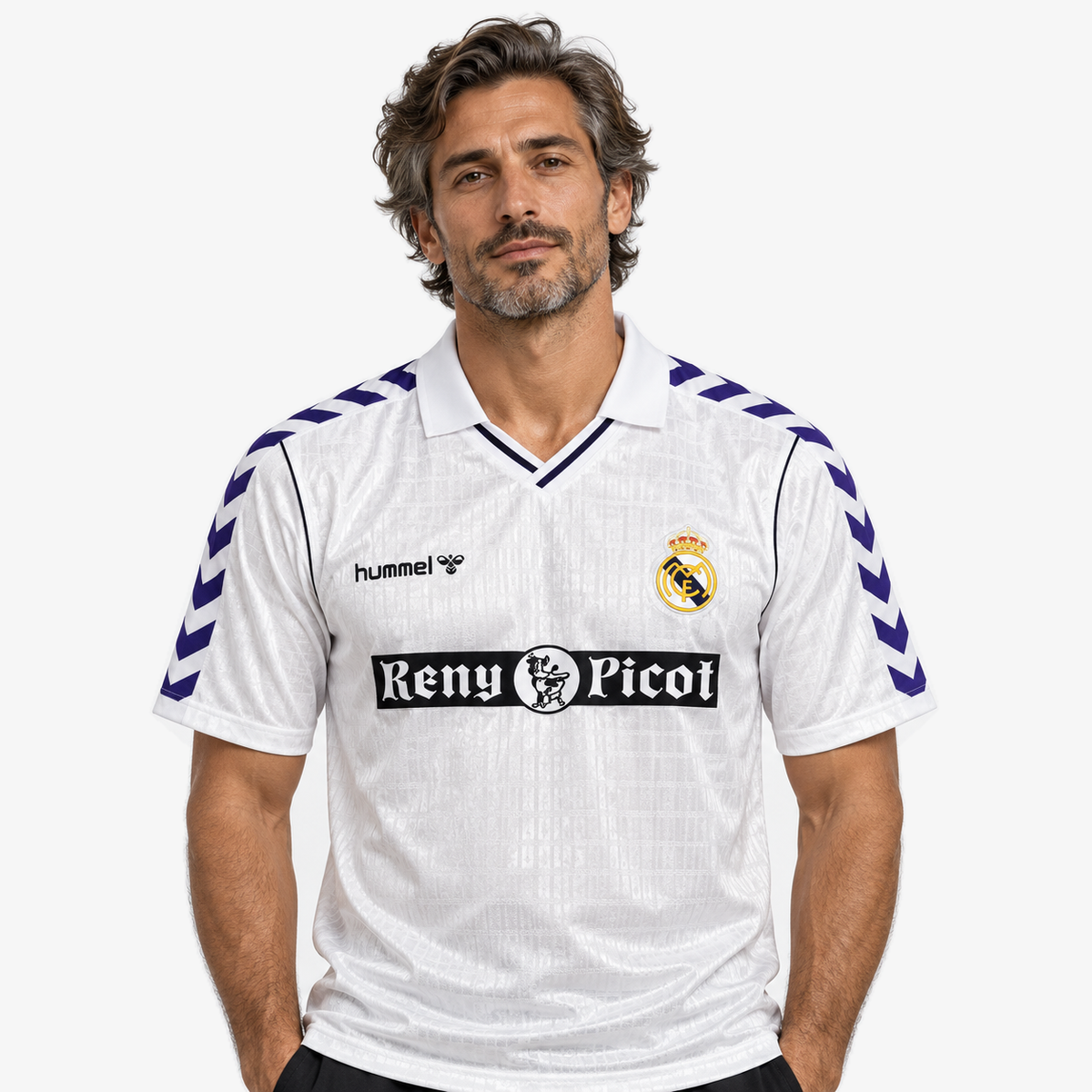 Real Madrid Camisola Principal - 89/90 — hero editorial com modelo IA